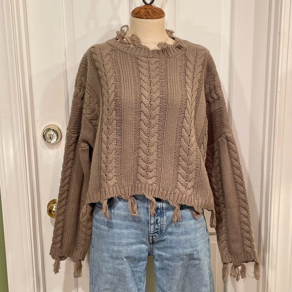 Cozy Tan Cropped Cable Knit Sweater with Tassels